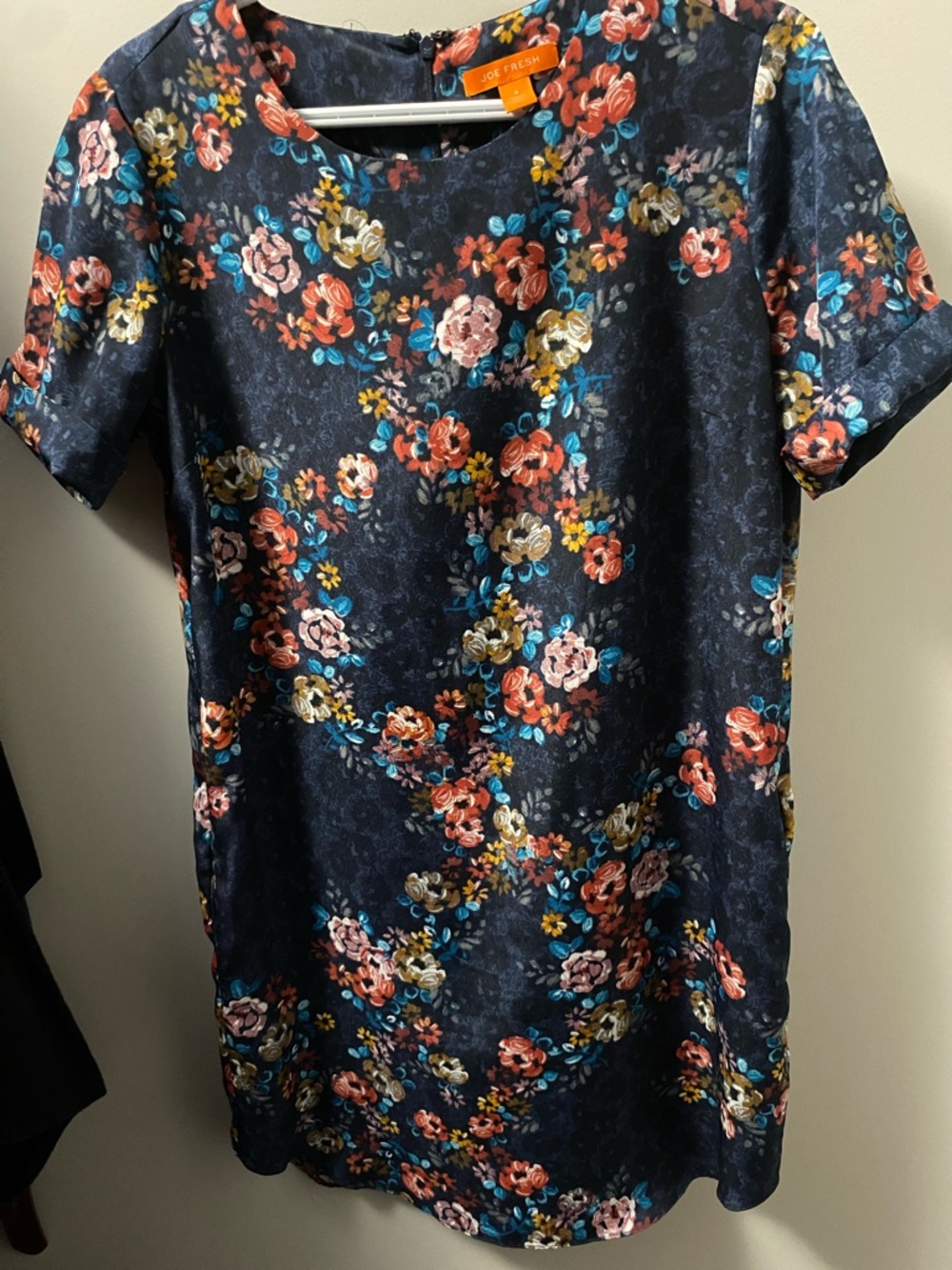 Joe Fresh Navy Floral Midi Dress with Coral, Teal & Mustard Accents